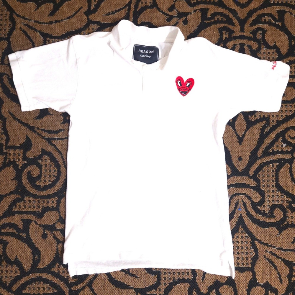 Reason Keith Haring White Heart Embroidered Polo Shirt Mens Streetwear Art
